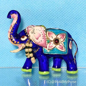 Meenakari Enamel on Sterling Silver Elephant Figurine w/ Mini Travel Jewelry Bag